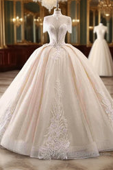 Elegant Long Ball Gown High Neck Tassel Sleeves Tulle Wedding Dress